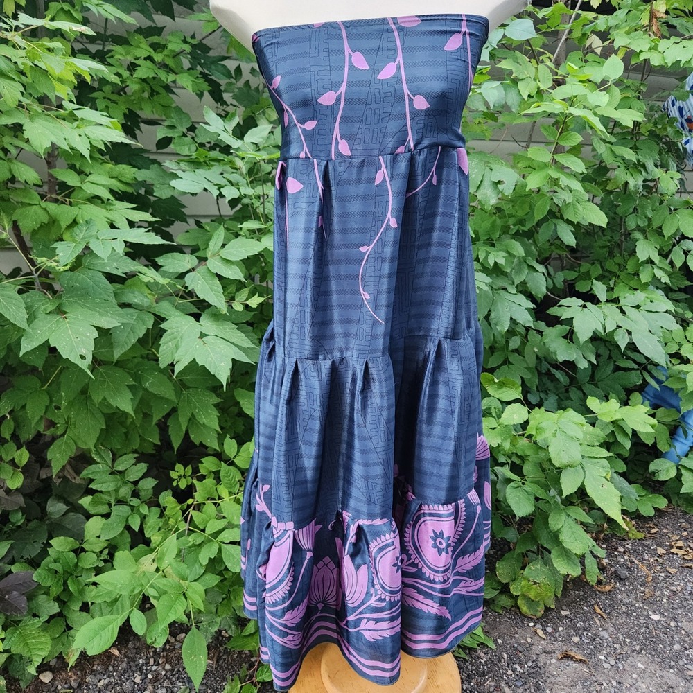 Boho Silk Tigerlily Strapless‎ Dress Tiered Navy Pink Floral Print Smocking